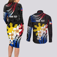 Personalised Philippines Tribal Couples Matching Long Sleeve Bodycon Dress and Long Sleeve Button Shirt Mix Plumeria - Flag Colors LT7 - Polynesian Pride