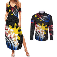 Personalised Philippines Tribal Couples Matching Summer Maxi Dress and Long Sleeve Button Shirt Mix Plumeria - Flag Colors LT7 Black - Polynesian Pride
