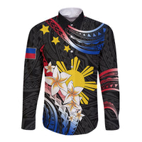 Personalised Philippines Tribal Long Sleeve Button Shirt Mix Plumeria - Flag Colors LT7 Unisex Black - Polynesian Pride