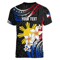 Personalised Philippines Tribal Women V Neck T Shirt Mix Plumeria - Flag Colors LT7 - Polynesian Pride