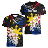 Personalised Philippines Tribal Women V Neck T Shirt Mix Plumeria - Flag Colors LT7 - Polynesian Pride