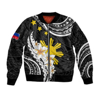 Personalised Philippines Tribal Bomber Jacket Mix Plumeria LT7 Unisex Black - Polynesian Pride