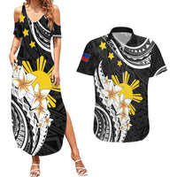 Personalised Philippines Tribal Couples Matching Summer Maxi Dress and Hawaiian Shirt Mix Plumeria LT7 Black - Polynesian Pride