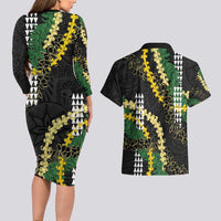 Hawaii Aloha Kakau Couples Matching Long Sleeve Bodycon Dress and Hawaiian Shirt Puakenikeni and Maile Lei Twist