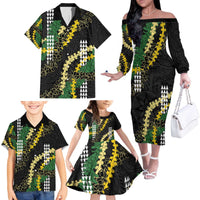 Hawaii Aloha Kakau Family Matching Off The Shoulder Long Sleeve Dress and Hawaiian Shirt Puakenikeni and Maile Lei Twist