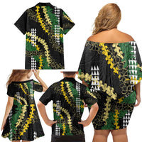 Hawaii Aloha Kakau Family Matching Off Shoulder Short Dress and Hawaiian Shirt Puakenikeni and Maile Lei Twist