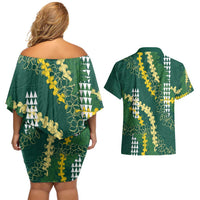 Hawaii Aloha Kakau Couples Matching Off Shoulder Short Dress and Hawaiian Shirt Green Puakenikeni and Maile Lei Twist