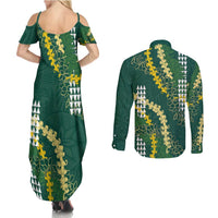 Hawaii Aloha Kakau Couples Matching Summer Maxi Dress and Long Sleeve Button Shirt Green Puakenikeni and Maile Lei Twist