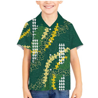 Hawaii Aloha Kakau Family Matching Mermaid Dress and Hawaiian Shirt Green Puakenikeni and Maile Lei Twist