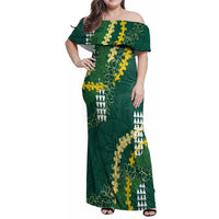 Hawaii Aloha Kakau Family Matching Off Shoulder Maxi Dress and Hawaiian Shirt Green Puakenikeni and Maile Lei Twist