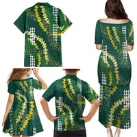 Hawaii Aloha Kakau Family Matching Puletasi and Hawaiian Shirt Green Puakenikeni and Maile Lei Twist