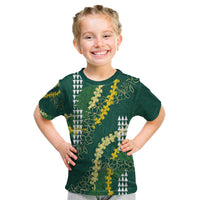 Hawaii Aloha Kakau Kid T Shirt Green Puakenikeni and Maile Lei Twist