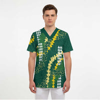 Hawaii Aloha Kakau Scrub Top Green Puakenikeni and Maile Lei Twist - Polynesian Pride