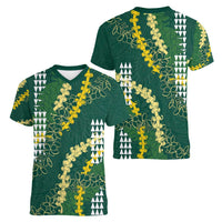 Hawaii Aloha Kakau Women V-Neck T-Shirt Green Puakenikeni and Maile Lei Twist