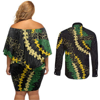 Hawaii Puakenikeni - Maile Lei Couples Matching Off Shoulder Short Dress and Long Sleeve Button Shirt Obsidian Black