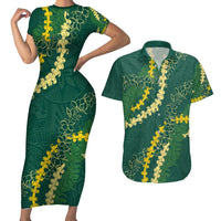 Hawaii Puakenikeni - Maile Lei Couples Matching Short Sleeve Bodycon Dress and Hawaiian Shirt Sage Green