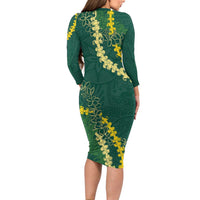Hawaii Puakenikeni - Maile Lei Family Matching Long Sleeve Bodycon Dress and Hawaiian Shirt Sage Green