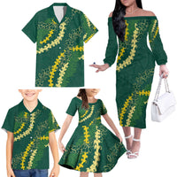 Hawaii Puakenikeni - Maile Lei Family Matching Off The Shoulder Long Sleeve Dress and Hawaiian Shirt Sage Green