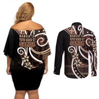 Samoa Siapo Classic Motif Couples Matching Off Shoulder Short Dress and Long Sleeve Button Shirt Manuia le tutoatasi o Samoa Independence Black Style LT7 - Polynesian Pride