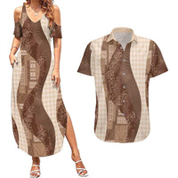Polynesian Tribal Pattern Patchwork Picturesque Couples Matching Summer Maxi Dress and Hawaiian Shirt Mocha
