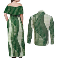 Polynesian Tribal Pattern Patchwork Picturesque Couples Matching Off Shoulder Maxi Dress and Long Sleeve Button Shirt Sage Green