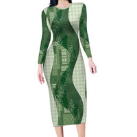 Polynesian Tribal Pattern Patchwork Picturesque Long Sleeve Bodycon Dress Sage Green