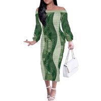 Polynesian Tribal Pattern Patchwork Picturesque Off The Shoulder Long Sleeve Dress Sage Green