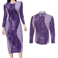 Polynesian Tribal Pattern Patchwork Picturesque Couples Matching Long Sleeve Bodycon Dress and Long Sleeve Button Shirt Deep Violet