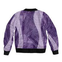 Polynesian Tribal Pattern Patchwork Picturesque Sleeve Zip Bomber Jacket Deep Violet