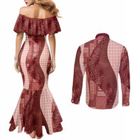 Polynesian Tribal Pattern Patchwork Picturesque Couples Matching Mermaid Dress and Long Sleeve Button Shirt Crimson