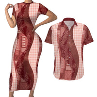 Polynesian Tribal Pattern Patchwork Picturesque Couples Matching Short Sleeve Bodycon Dress and Hawaiian Shirt Crimson