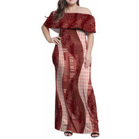 Polynesian Tribal Pattern Patchwork Picturesque Family Matching Off Shoulder Maxi Dress and Hawaiian Shirt Crimson