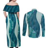 Polynesian Tribal Pattern Patchwork Picturesque Couples Matching Off Shoulder Maxi Dress and Long Sleeve Button Shirt Oceanic