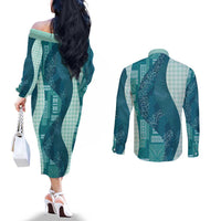 Polynesian Tribal Pattern Patchwork Picturesque Couples Matching Off The Shoulder Long Sleeve Dress and Long Sleeve Button Shirt Oceanic