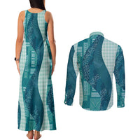 Polynesian Tribal Pattern Patchwork Picturesque Couples Matching Tank Maxi Dress and Long Sleeve Button Shirt Oceanic