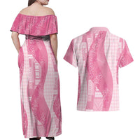 Polynesian Tribal Pattern Patchwork Picturesque Couples Matching Off Shoulder Maxi Dress and Hawaiian Shirt Rose Pink