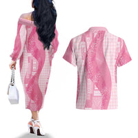 Polynesian Tribal Pattern Patchwork Picturesque Couples Matching Off The Shoulder Long Sleeve Dress and Hawaiian Shirt Rose Pink