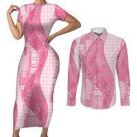 Polynesian Tribal Pattern Patchwork Picturesque Couples Matching Short Sleeve Bodycon Dress and Long Sleeve Button Shirt Rose Pink