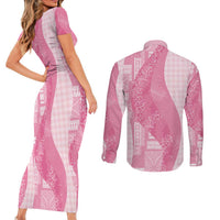 Polynesian Tribal Pattern Patchwork Picturesque Couples Matching Short Sleeve Bodycon Dress and Long Sleeve Button Shirt Rose Pink