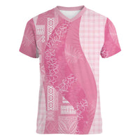 Polynesian Tribal Pattern Patchwork Picturesque Women V-Neck T-Shirt Rose Pink