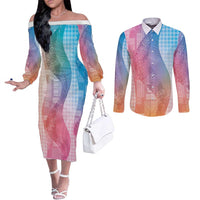 Polynesian Tribal Pattern Patchwork Picturesque Couples Matching Off The Shoulder Long Sleeve Dress and Long Sleeve Button Shirt Holographic