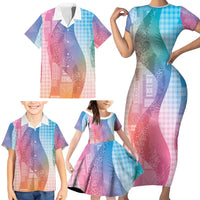 Polynesian Tribal Pattern Patchwork Picturesque Family Matching Short Sleeve Bodycon Dress and Hawaiian Shirt Holographic