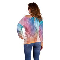 Polynesian Tribal Pattern Patchwork Picturesque Off Shoulder Sweater Holographic