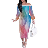 Polynesian Tribal Pattern Patchwork Picturesque Off The Shoulder Long Sleeve Dress Holographic