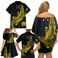 Personalized Solomon Islands Independence Anniversary Family Matching Off Shoulder Short Dress and Hawaiian Shirt Crocodile Mix Tapa