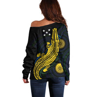 Personalized Solomon Islands Independence Anniversary Off Shoulder Sweater Crocodile Mix Tapa