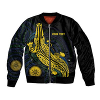 Personalized Solomon Islands Independence Anniversary Sleeve Zip Bomber Jacket Crocodile Mix Tapa