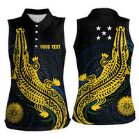 Personalized Solomon Islands Independence Anniversary Women Sleeveless Polo Shirt Crocodile Mix Tapa