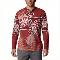 Aotearoa Maori Koru Curves Button Sweatshirt Silver Ferns - Crimson Red