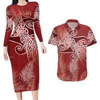 Aotearoa Maori Koru Curves Couples Matching Long Sleeve Bodycon Dress and Hawaiian Shirt Silver Ferns - Crimson Red LT7 Red - Polynesian Pride